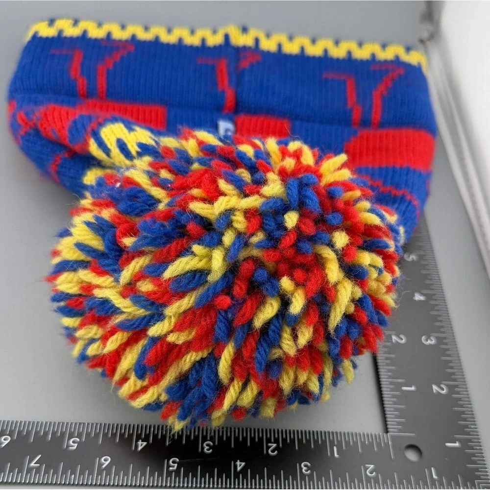 Vintage Beanie Ski Hat 100% Wool Knit Pom Pom Blue Red Yellow Winter Cap